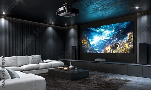 Modern home theater with plush seating, large screen displaying a scenic landscape, ambient lighting