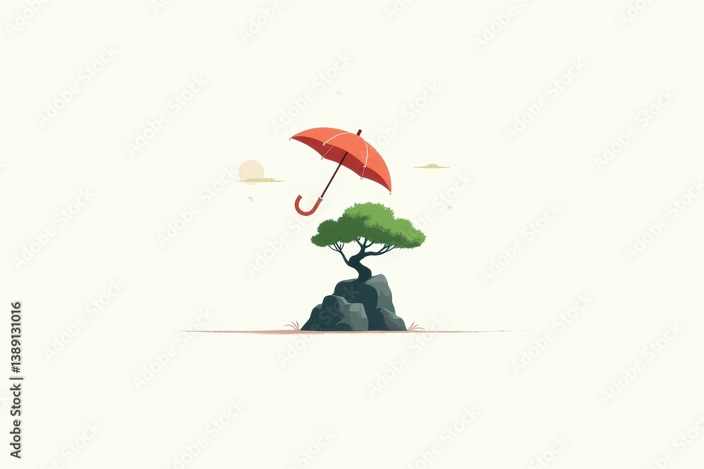 Bonsai tree with floating red umbrella minimalistic backdrop