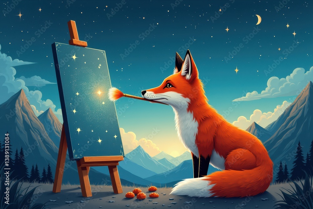 Fox painting stars in whimsical mountain scene