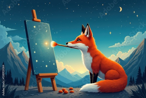 Obraz na płótnie Fox painting stars in whimsical mountain scene w salonie