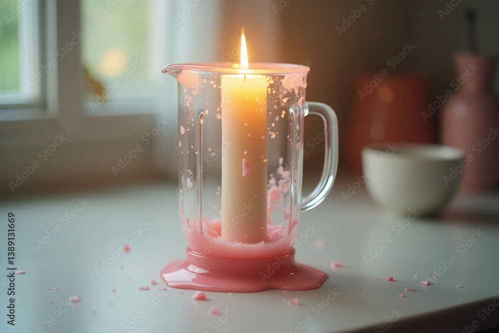 Melting candle in glass pitcher casting warm glow in cozy interior setting