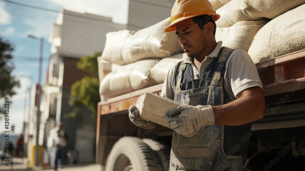 A Hispanic construction worker loading materials onto a truck. Featuring efficiency and strength A Hispanic construction worker loading materials onto a truck. Featuring efficiency and strength