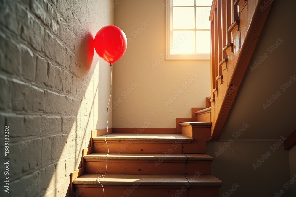 Red balloon in sunlit staircase interior scene