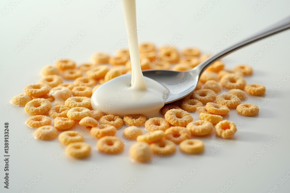 Cereal rings with milk pouring spoon for healthy breakfast