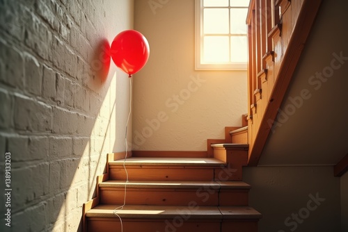 Obraz na płótnie Red balloon in sunlit staircase interior scene w salonie