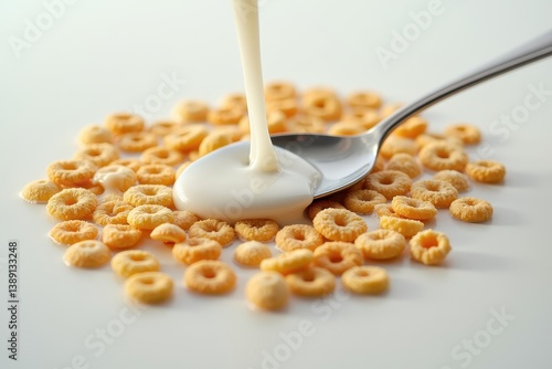 Obraz na płótnie Cereal rings with milk pouring spoon for healthy breakfast w salonie