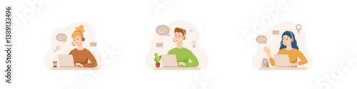 Call center vector set. Customer support help. Office client help. Chat operator with headset. Phone call center assistant.