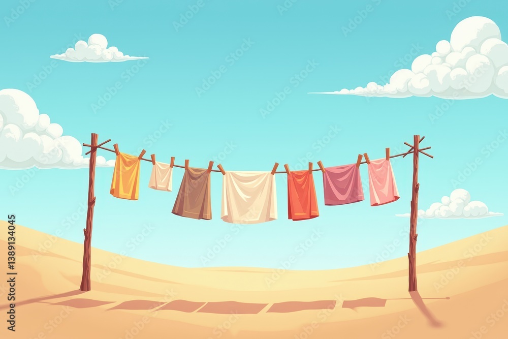Clothesline in desert landscape with clear blue sky clouds