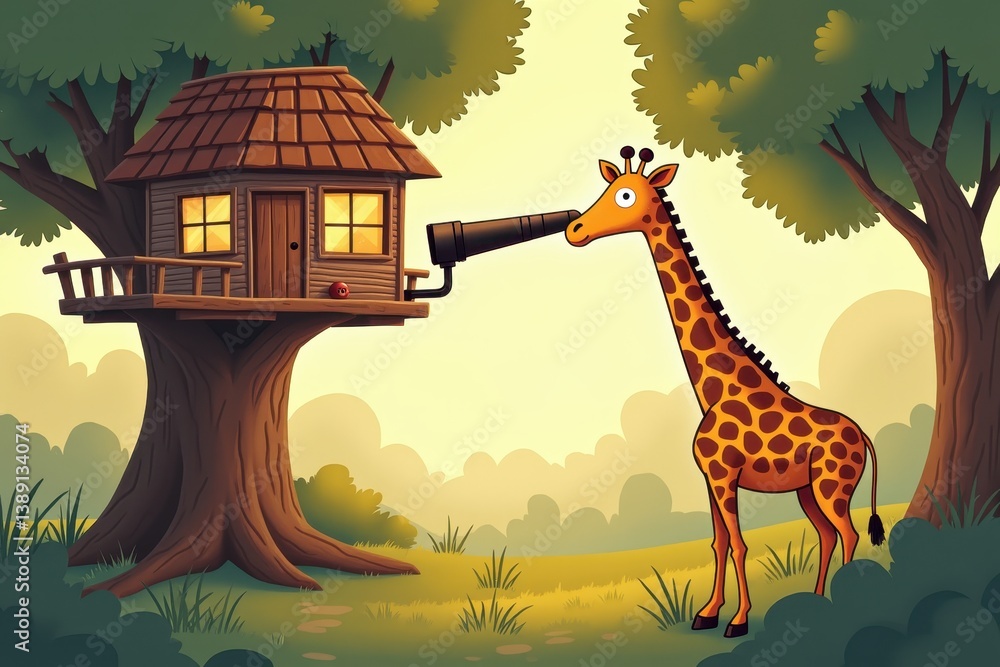 Giraffe looking telescope at treehouse in whimsical setting