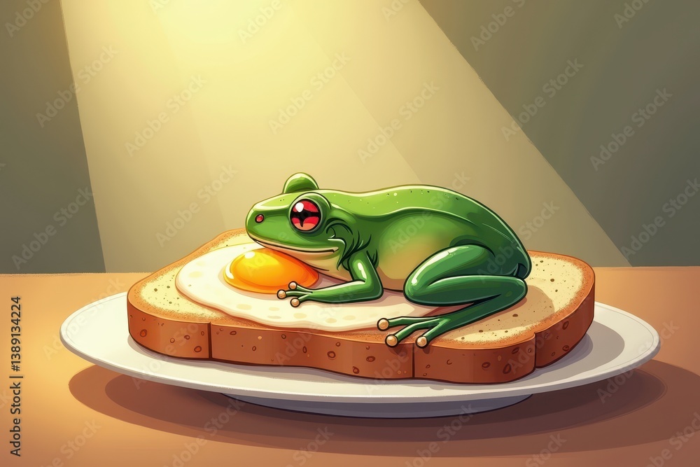 Frog resting on sunny side egg toast spotlight