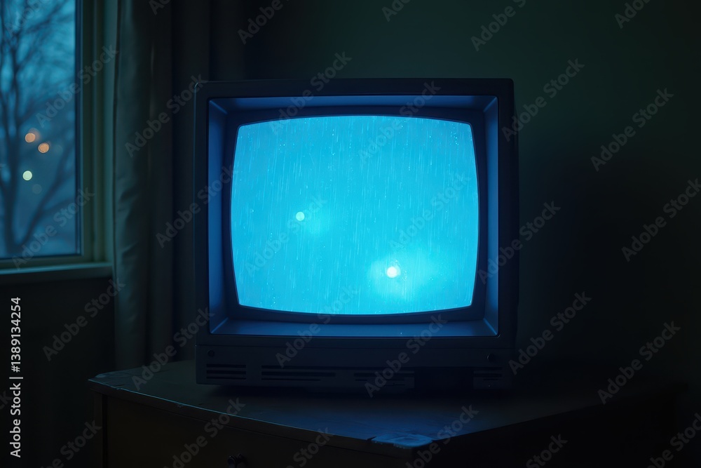 Retro television emitting blue light in dark room