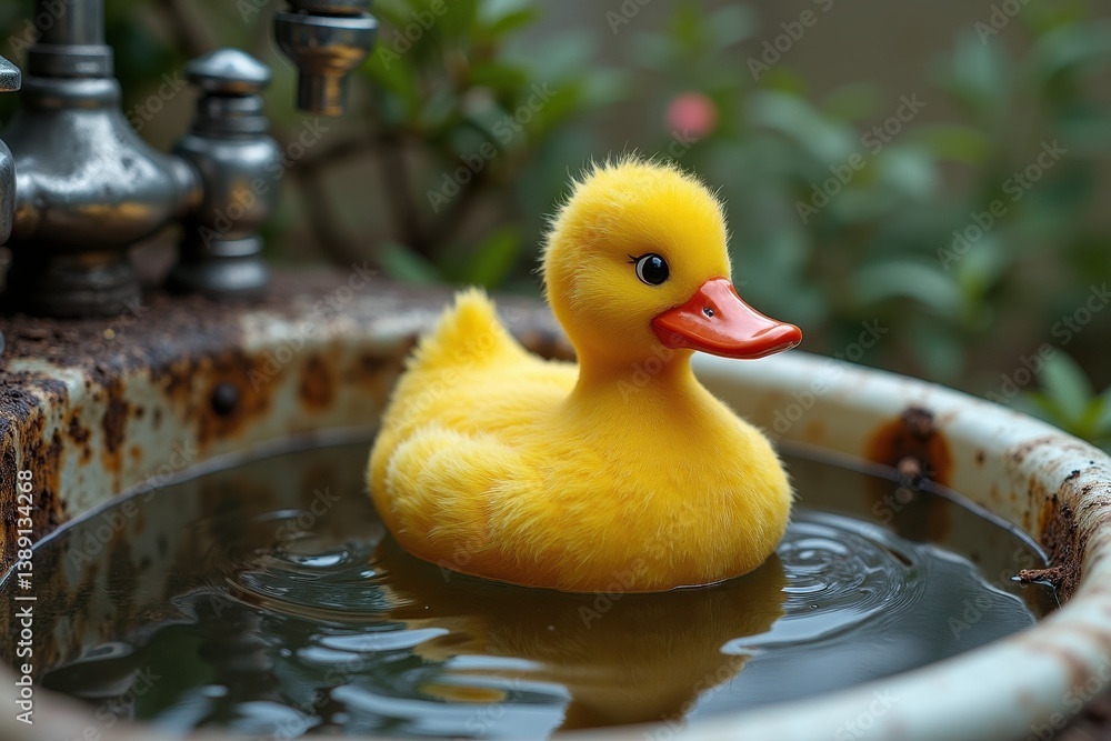 Yellow rubber duck floating in rustic garden sink