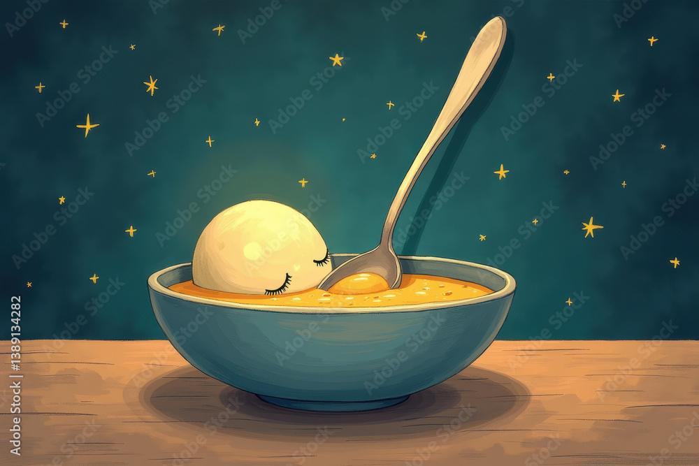 Sleeping moon in soup bowl starry sky
