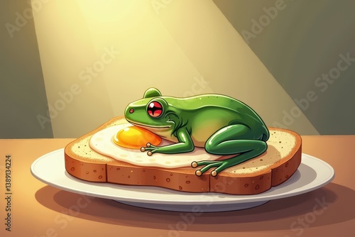 Obraz na płótnie Frog resting on sunny side egg toast spotlight w salonie