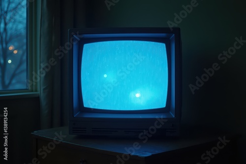 Obraz na płótnie Retro television emitting blue light in dark room w salonie