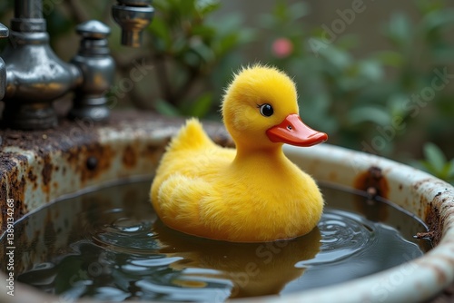 Obraz na płótnie Yellow rubber duck floating in rustic garden sink w salonie