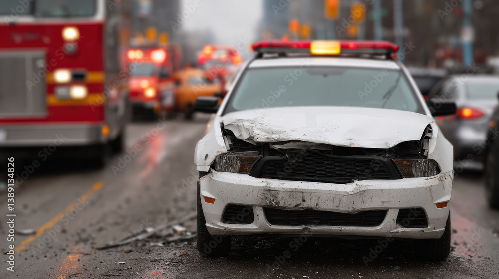 damaged white car with crumpled front end is on busy city street after accident, surrounded by emergency vehicles. scene is chaotic and tense damaged white car with crumpled front end is on busy city street after accident, surrounded by emergency vehicles. scene is chaotic and tense