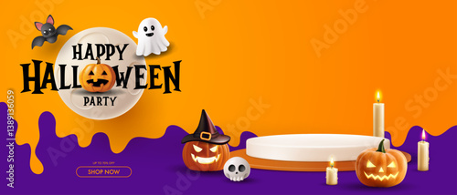 Happy halloween. Realistic 3D cylindrical podium. Happy halloween minimal scene for products showcase, Promotional display.