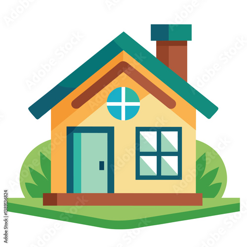 A simple cartoon illustration of a small yellow house with a green roof, a brown chimney, and a grassy lawn.