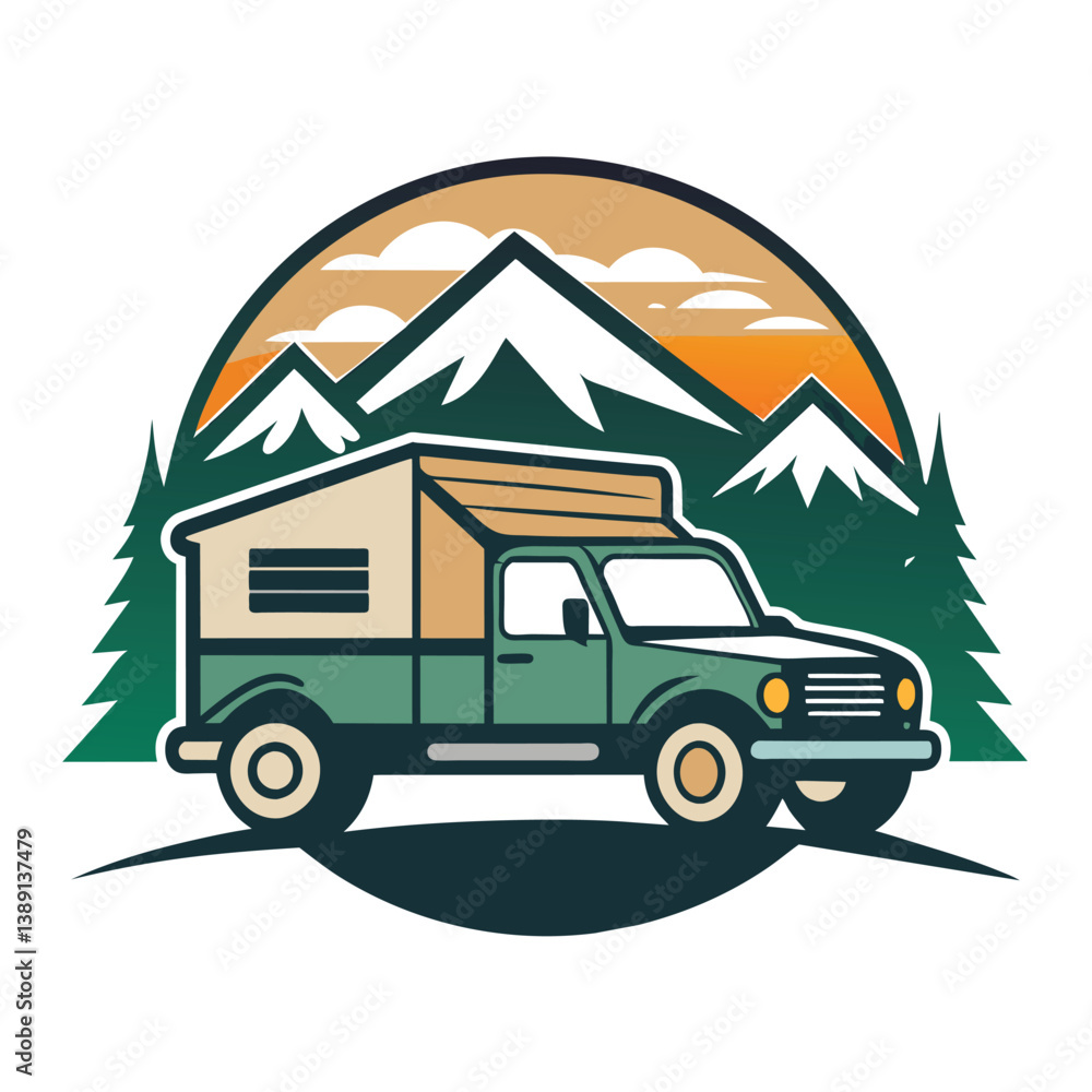 Obraz premium A cartoon illustration of a green truck camper van driving through a mountain landscape. The sun is setting behind the mountains, creating a warm and inviting atmosphere.