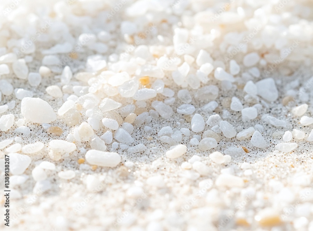 Close-up of white sand with small pebbles on the beach, macro photography. Background with copy space for text and design. Close-up of fine grain in sea salt crystals. Shallow depth of field. Stock Close-up of white sand with small pebbles on the beach, macro photography. Background with copy space for text and design. Close-up of fine grain in sea salt crystals. Shallow depth of field. Stock
