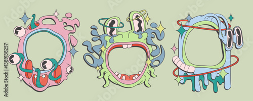 Psychedelic frame elements set - colorful warped shapes with eyes, dripping effect, squiggly outlines in 1970s hippie aesthetic. curvy forms for funky mirror or portal. Trippy surreal doodle design.