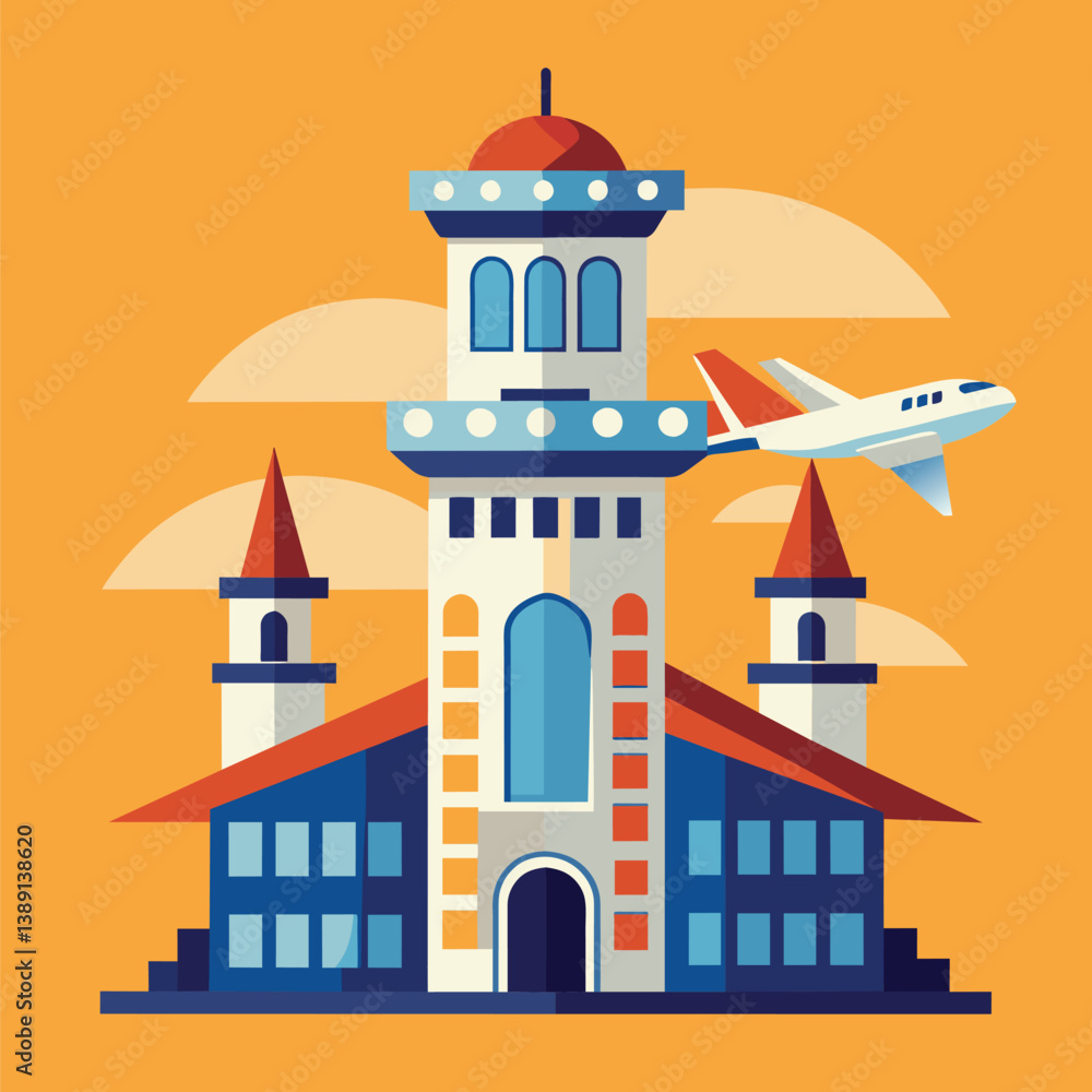 Fototapeta premium A simple, colorful illustration of an airplane flying over a modern airport building with a control tower and two smaller towers on each side.