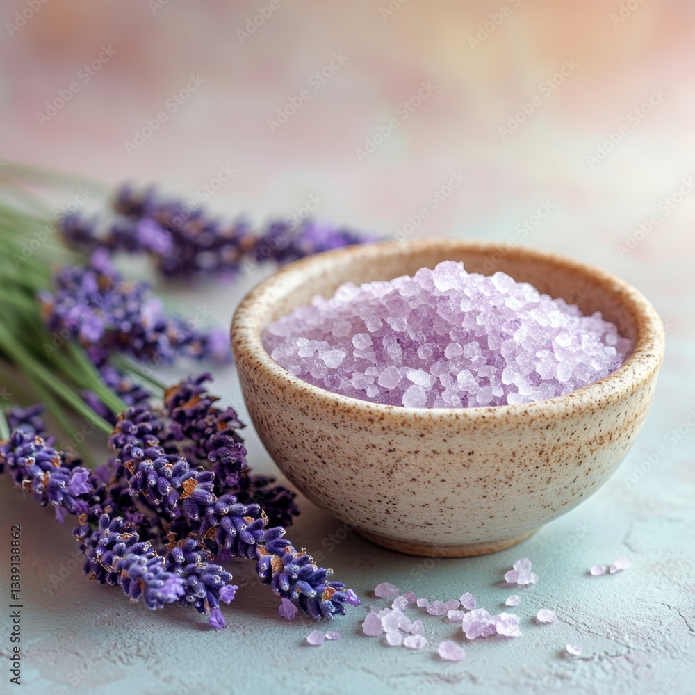 Aromatic lavender sea salt in a rustic bowl with lavender sprigs on a textured surface for spa day relaxation and wellness Aromatic lavender sea salt in a rustic bowl with lavender sprigs on a textured surface for spa day relaxation and wellness