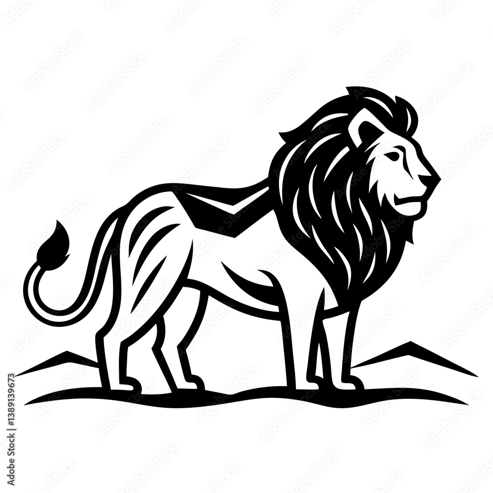 Fototapeta premium Stylized vector illustration of a proud lion standing on a mountain for wildlife-themed projects