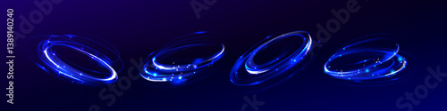 Glowing blue vortex spiral lines set - neon light swirl trails. Energy plasma circles with lens flare effect, magic portal rings, shiny whirlpool patterns. Futuristic luminous geometric shapes.