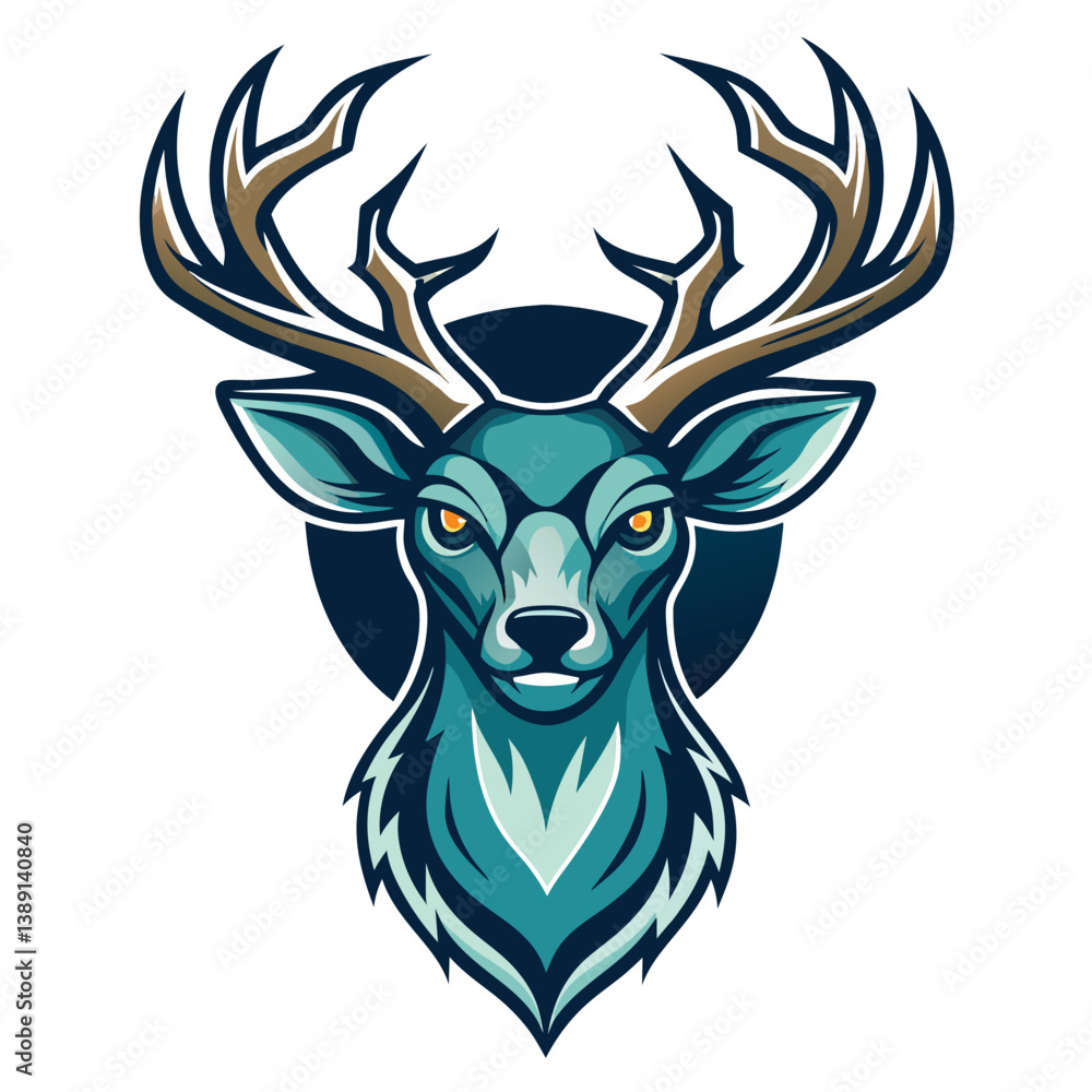 Fototapeta premium A vector illustration of a blue deer head mascot, with large antlers and a dark circle behind it, on a white background.