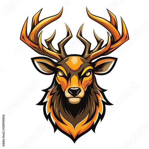 A close-up illustration of a deer head with large antlers. The deer is depicted with an angry expression, and the colors are orange and brown.