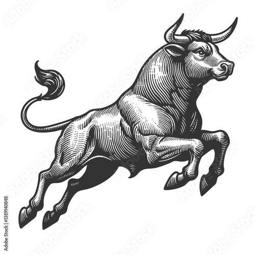 muscular bull in mid-charge, capturing strength, aggression, and motion in a bold style sketch engraving generative ai vector illustration. Scratch board imitation. Black and white image.