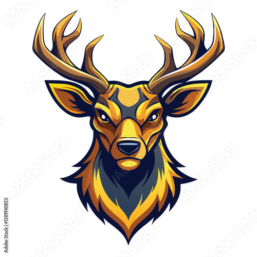 A close-up illustration of a golden deer head with large antlers against a white background. The deers eyes are intense and its expression is confident.