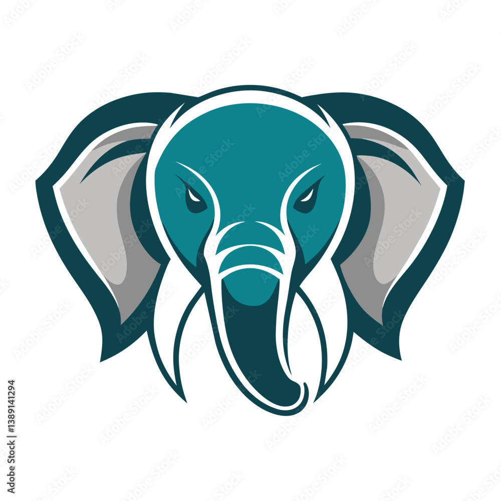 A teal and grey elephant head mascot logo design. A teal and grey elephant head mascot logo design.