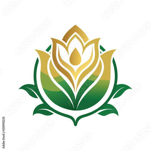 A stylized illustration of a golden flower with green leaves and a circular frame.