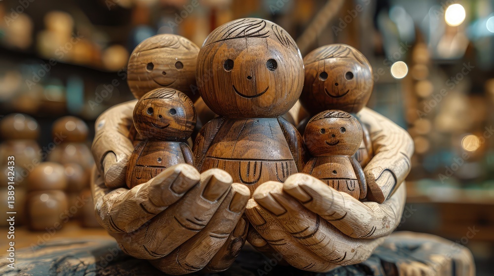 A symbolic representation of workplace security and team support, featuring wooden figures under protective hands A symbolic representation of workplace security and team support, featuring wooden figures under protective hands