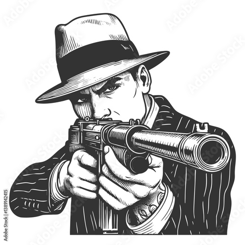gangster wearing a fedora and pinstripe suit, aiming a machine gun, evoking noir-era crime aesthetic sketch engraving generative ai vector illustration. Scratch board imitation. Black and white image.