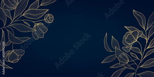 Vector art deco line golden floral border, plant spring dark background, elegant blossom ornament, flowers and leaves corners template.
