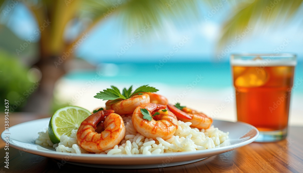 Delicious Plate of White Rice with Shrimp and Lime Garnish Served with Beer on Wood Background. A plate of shrimp and rice with a glass of beer. Delicious Plate of White Rice with Shrimp and Lime Garnish Served with Beer on Wood Background. A plate of shrimp and rice with a glass of beer.
