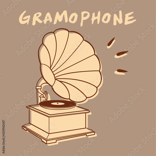 Vintage-style gramophone illustration with a large horn speaker on a warm brown background. Retro and nostalgic design perfect for music or antique-themed projects