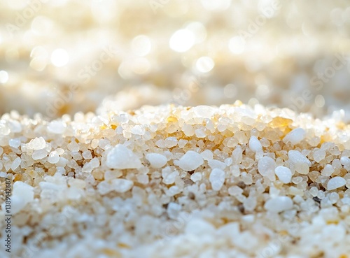 Close-up of white sea sand with small pebbles on the beach, depth of field, macro photography, blurred background, shallow focus, bokeh effect, crystal-clear and sparkling sea water, bright sunlight, 