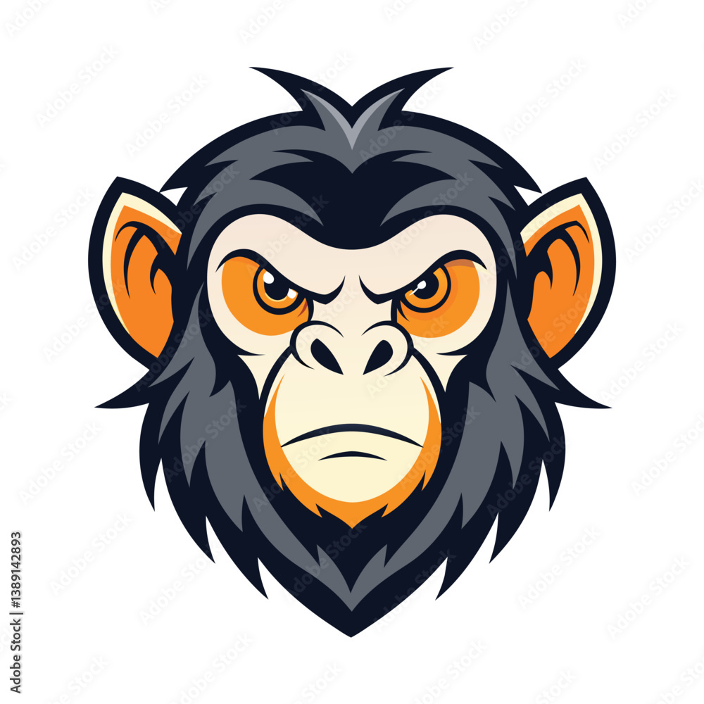 Obraz premium This illustration features a cartoon chimpanzee head with a fierce expression and orange ears. The image is perfect for use in branding, marketing, or as a mascot for a sports team.
