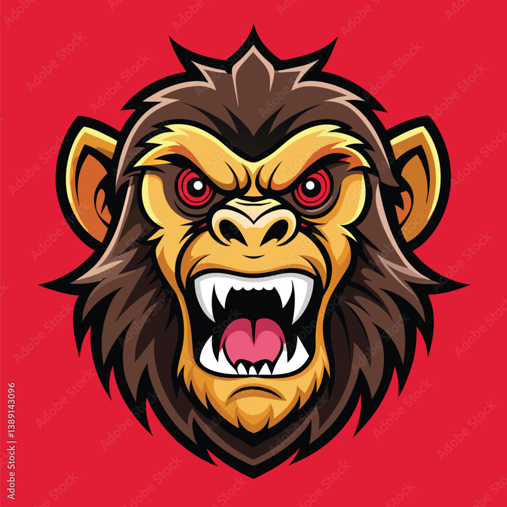 A cartoon chimpanzee head with a menacing expression, featuring a wide open mouth showing sharp teeth and a furrowed brow, against a red background. A cartoon chimpanzee head with a menacing expression, featuring a wide open mouth showing sharp teeth and a furrowed brow, against a red background.