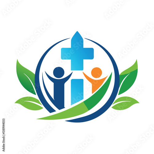 A logo design with a Christian cross in the center, surrounded by two people raising their arms and leaves.