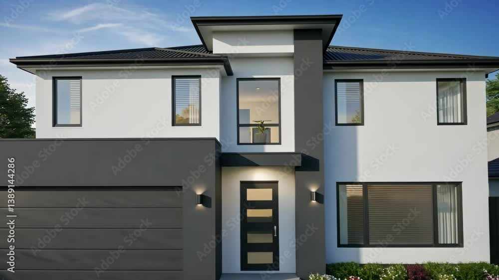 View of a modern two story house with a gray garage door and a green lawn under a clear blue sky View of a modern two story house with a gray garage door and a green lawn under a clear blue sky