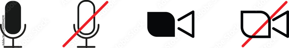 Turn off and turn on microphone with audio and camera with video isolated set. Vector icons in flat style. Turn off and turn on microphone with audio and camera with video isolated set. Vector icons in flat style.