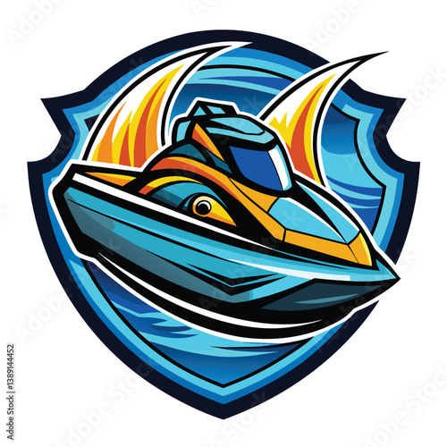 A blue and yellow jet ski logo with a shield behind it. The jet ski is facing towards the viewer and has a large, white splash of water behind it.