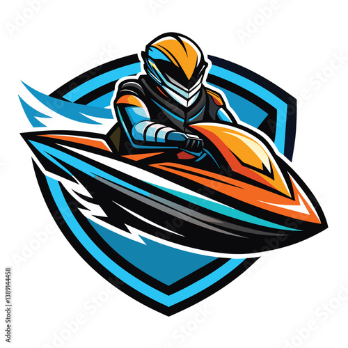A digital illustration of a jet ski rider wearing a helmet and protective gear, speeding across the water on an orange and blue jet ski.