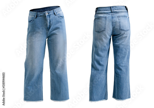 women's wide leg medium blue jeans in ghost concept model isolated on transparent background